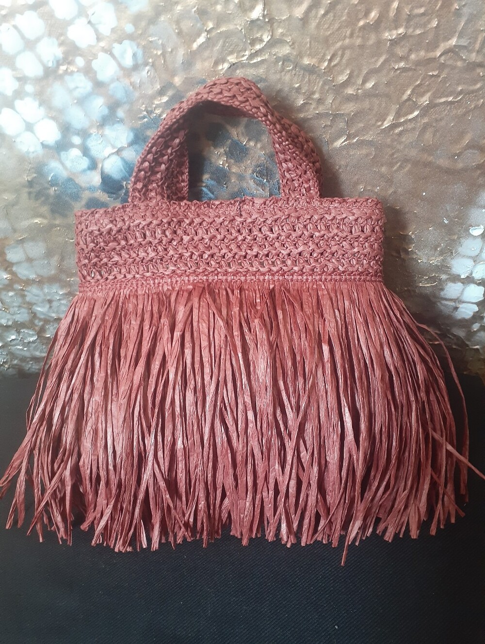 Zara Nwot Woven Fringe Tote Bag in Dusty Burgundy